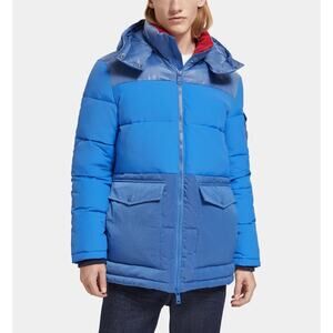 Scotch & Soda Rhythm Blue Insulated Hood Zip Puffer Jacket Mid Length Coat M NEW